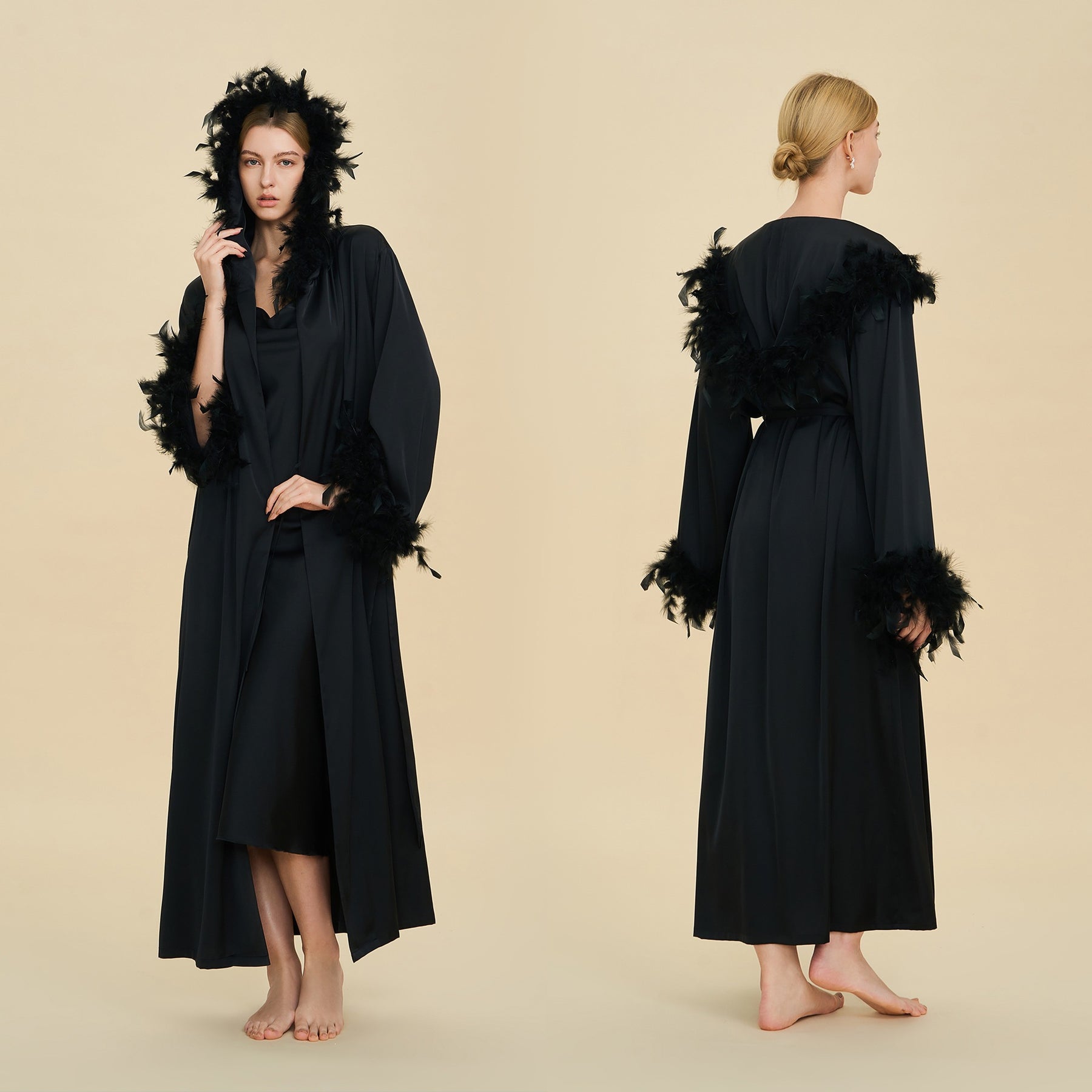 Floor Length Feather Trim Kimono Robe