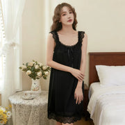 Nuo Xian Yun Spring and Summer Mid-Length Sweet U-Neck Mesh Modal Lace Strap Fairy Style Nightgown for Women