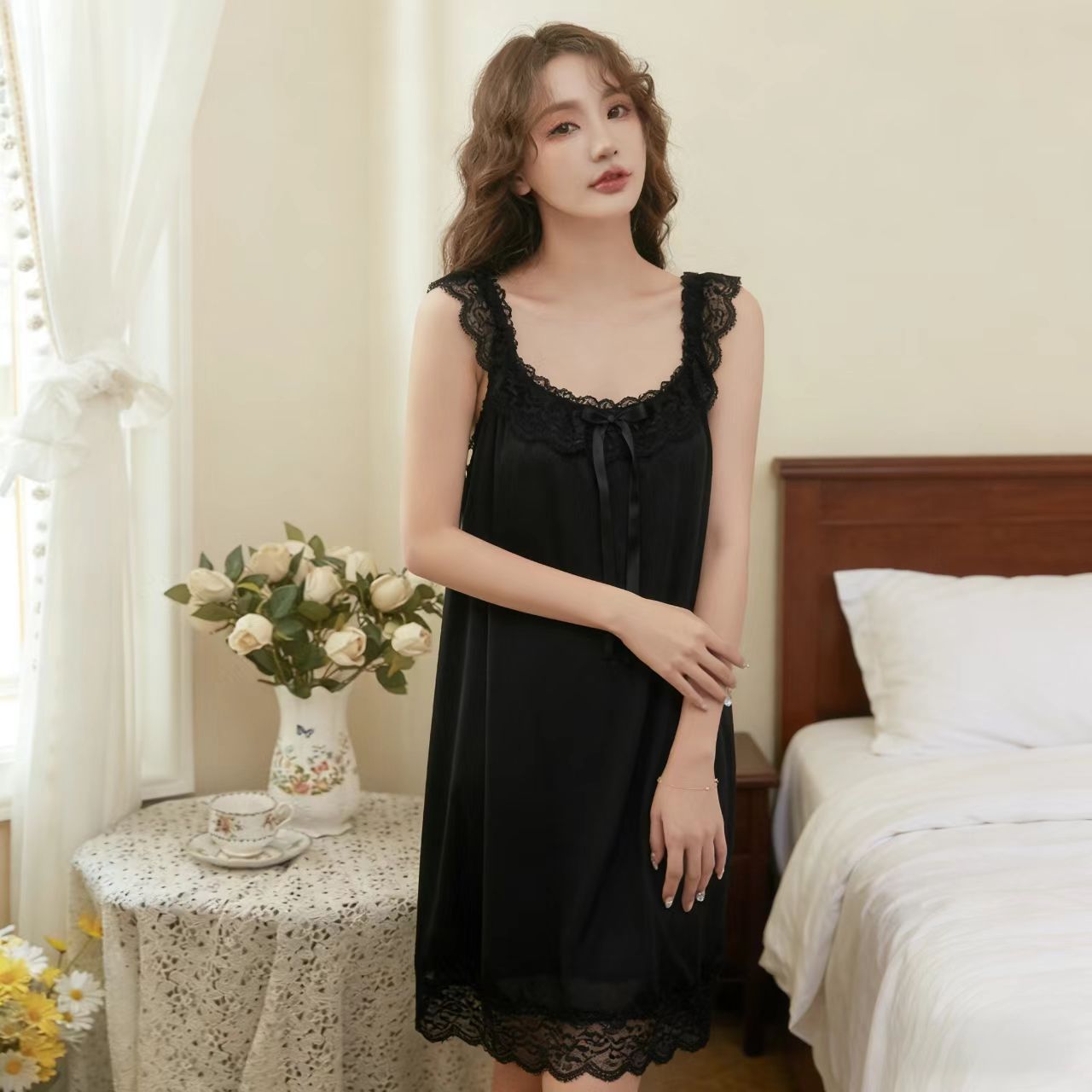Nuo Xian Yun Spring and Summer Mid-Length Sweet U-Neck Mesh Modal Lace Strap Fairy Style Nightgown for Women