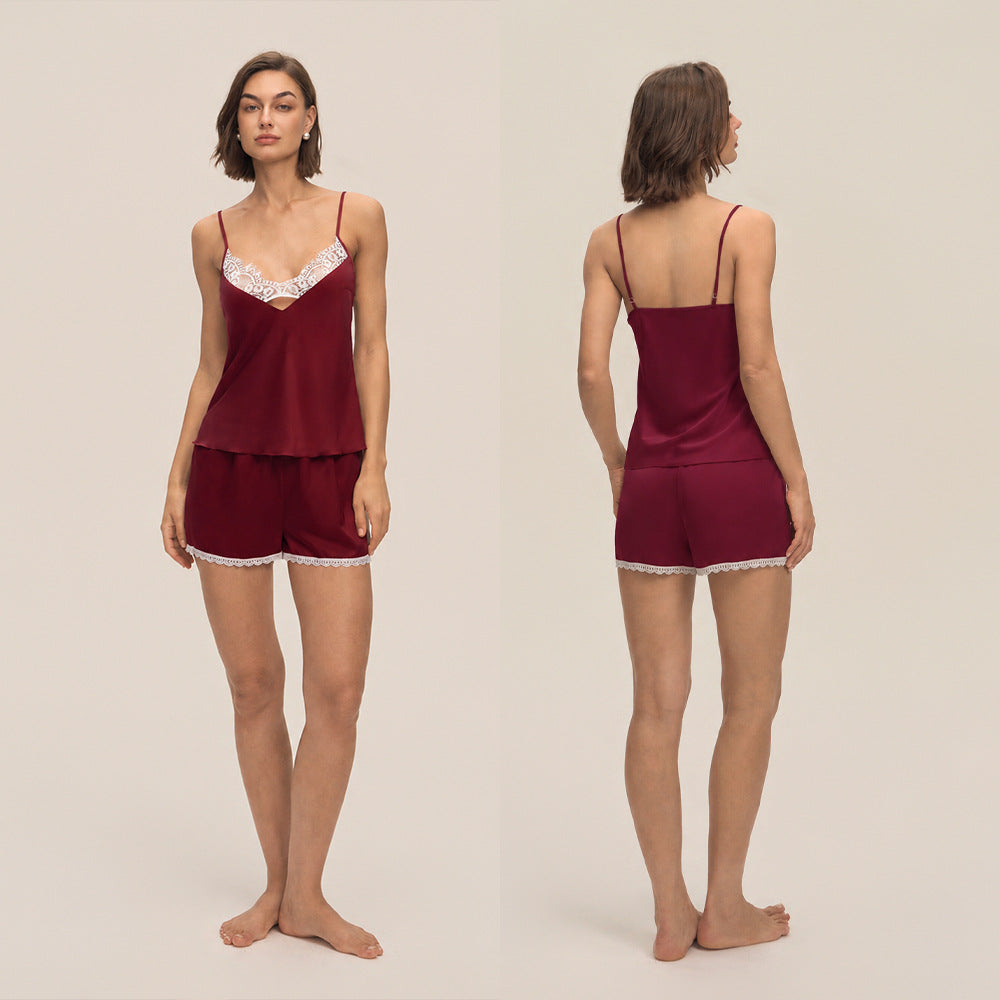 European and American Cross-Border New Home Suspender Shorts Suit Casual and Comfortable Home Wear Lace Women's Pajamas Dt3931