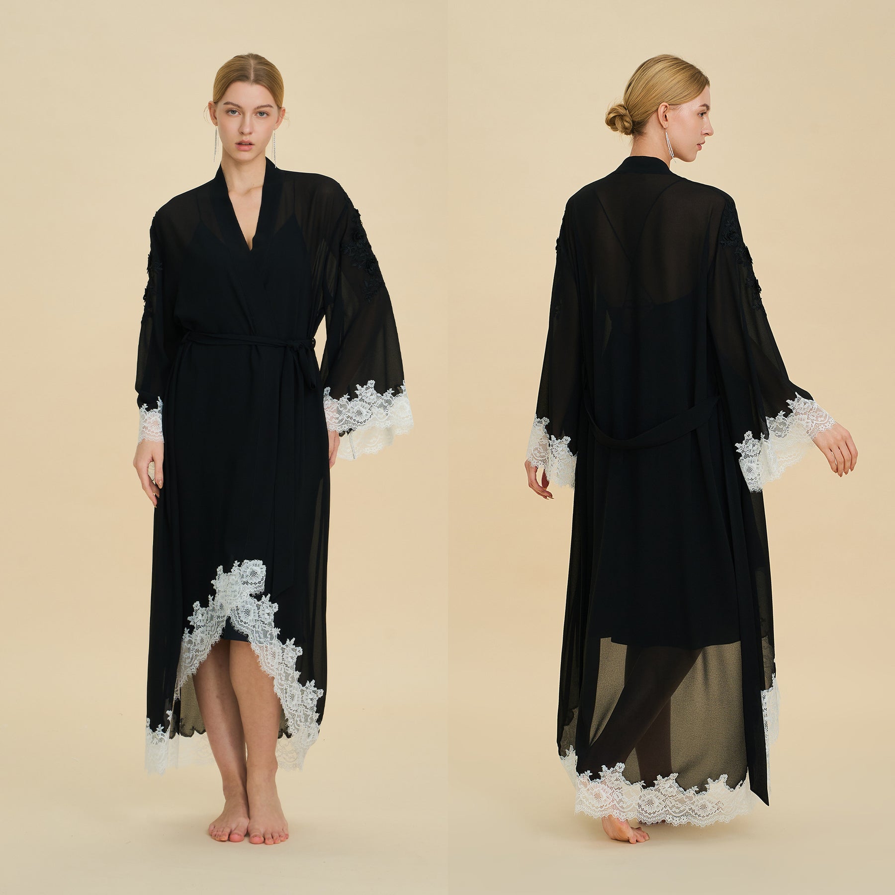 Sheer Chiffon Robe with Floral Lace Hem