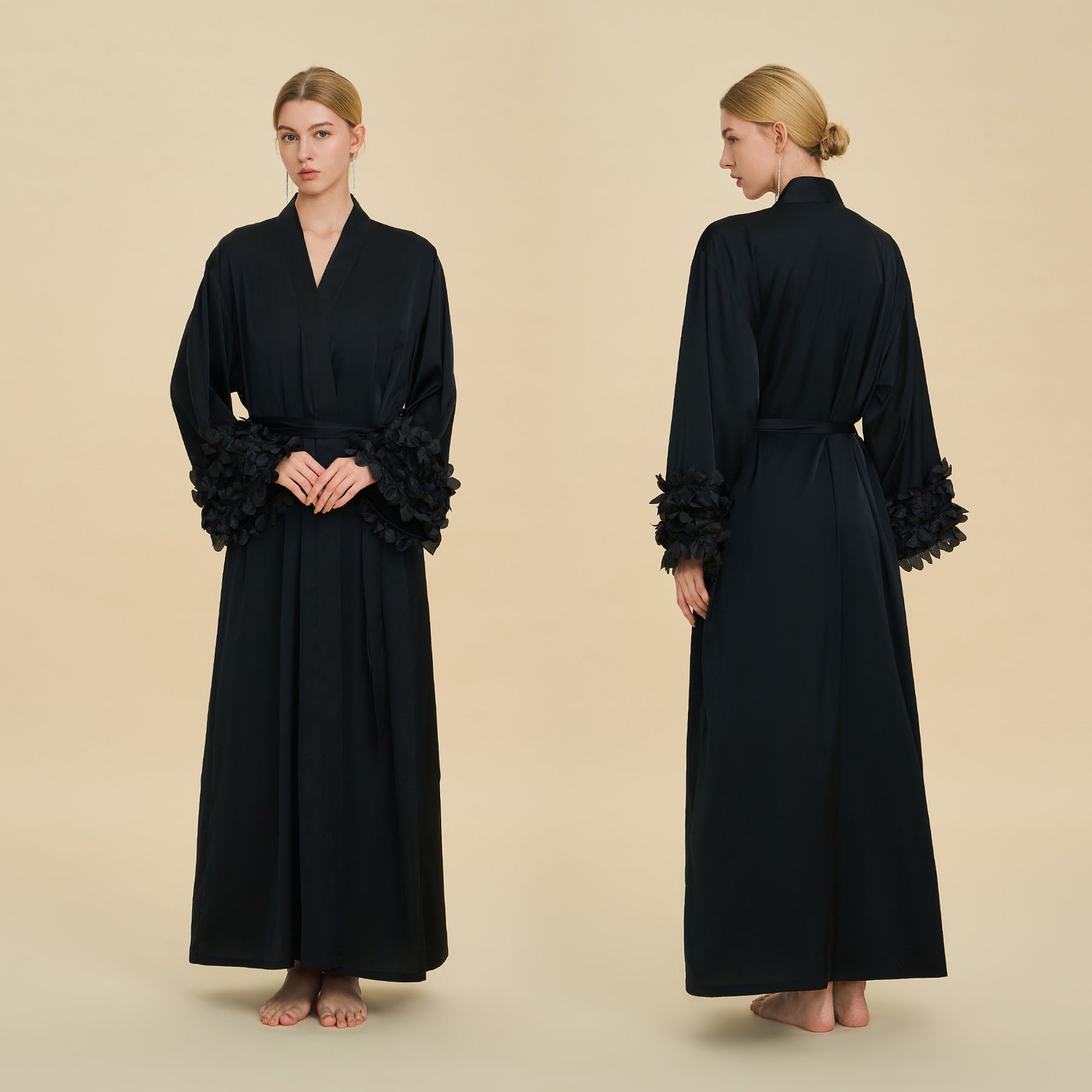 Long Wrap Robe with Ruffled Bell Cuffs