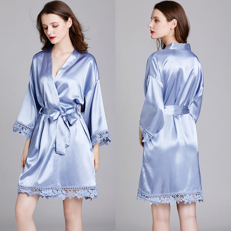 Short Satin Kimono Robe with Lace Trim